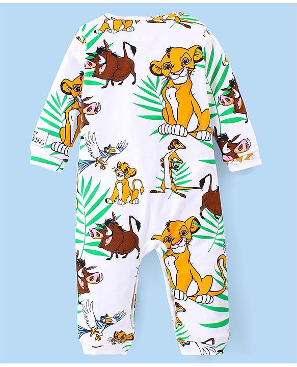 Babyhug Disney Cotton Knitted Full Sleeves Romper With Lion King Graphics - White