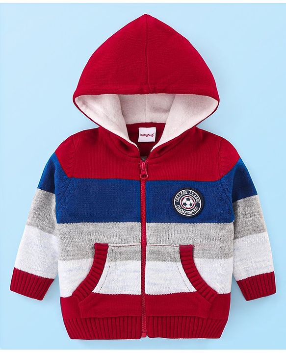 Babyhug Knitted Full Sleeves Hooded Front Open Sweater with Colour Block Design & Patch Applique - Red
