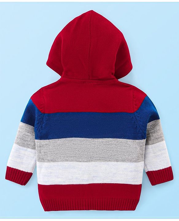 Babyhug Knitted Full Sleeves Hooded Front Open Sweater with Colour Block Design & Patch Applique - Red