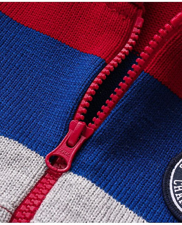 Babyhug Knitted Full Sleeves Hooded Front Open Sweater with Colour Block Design & Patch Applique - Red