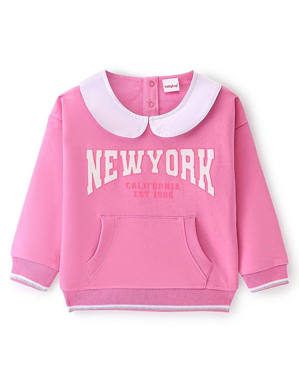Babyhug Cotton Knit Full Sleeves Peter Pan Collar Sweatshirt with Text Print & Kangaroo Pockets - Pink
