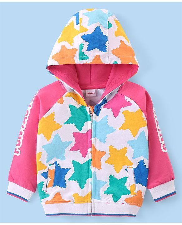 Babyhug Cotton Knit Full Raglan Sleeves Front Open Hooded Sweatjacket with Stars Print - Pink & White