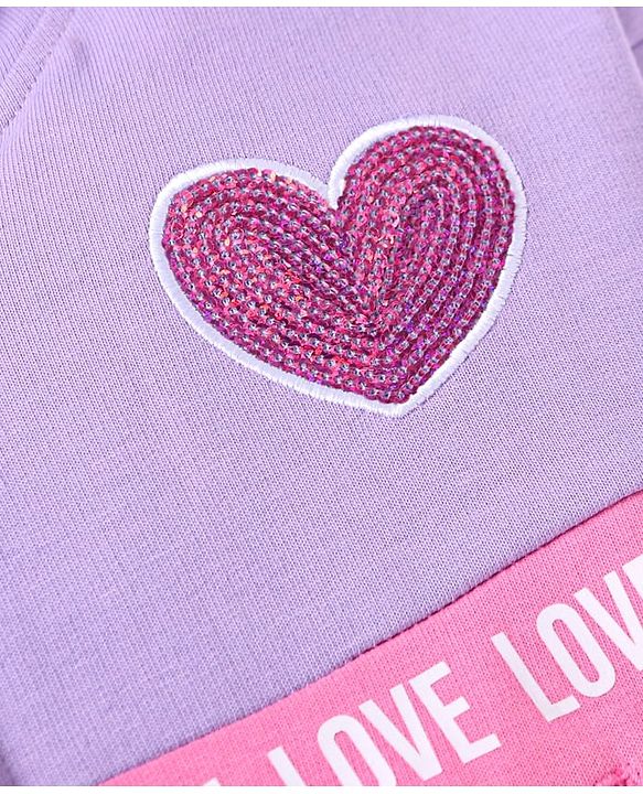 Babyhug Cotton Knit Full Sleeves Hooded Sweat Jacket With Sequin Heart Detailing - Purple & Pink