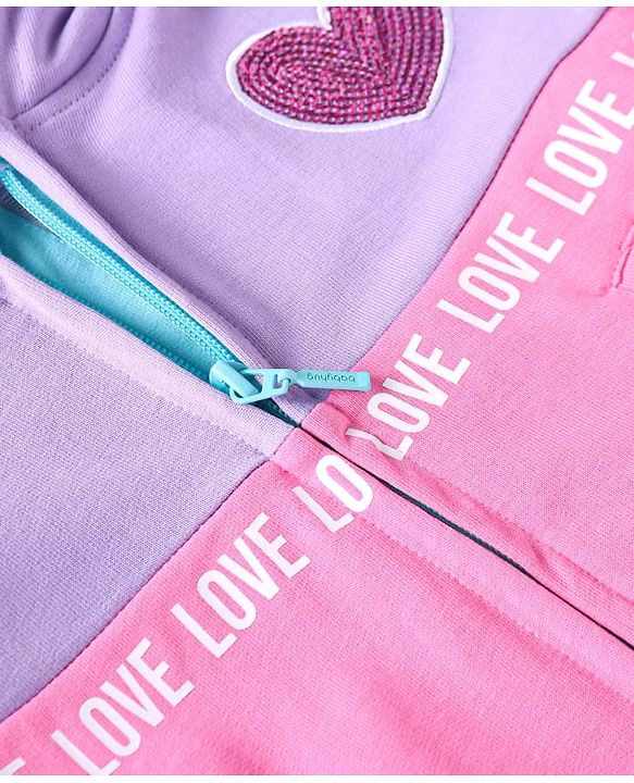 Babyhug Cotton Knit Full Sleeves Hooded Sweat Jacket With Sequin Heart Detailing - Purple & Pink