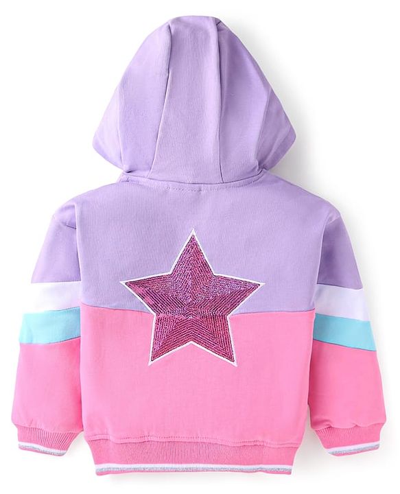 Babyhug Cotton Knit Full Sleeves Hooded Sweat Jacket With Sequin Heart Detailing - Purple & Pink
