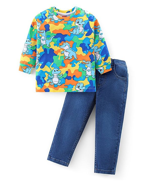 Babyhug Cotton Knit Full Sleeves Dino & Croc Printed T-Shirt With Denim Jeans - Blue