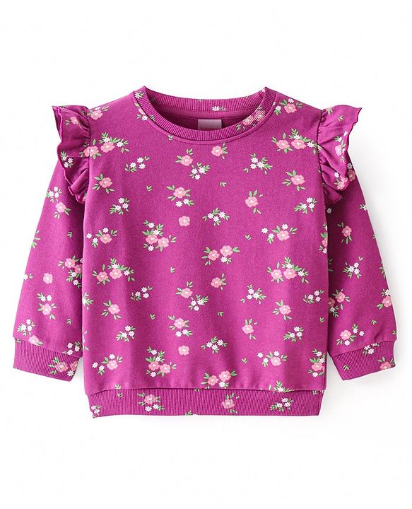 Babyhug Cotton Knit Full Sleeves Sweatshirts With Floral & Deer Print Pack of 2 - Purple & Teal Blue