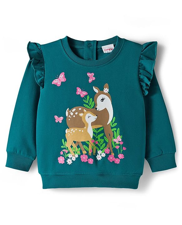 Babyhug Cotton Knit Full Sleeves Sweatshirts With Floral & Deer Print Pack of 2 - Purple & Teal Blue
