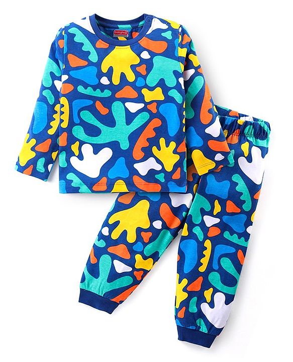 Babyhug Cotton Knit Full Sleeves Printed Night Suit - Navy