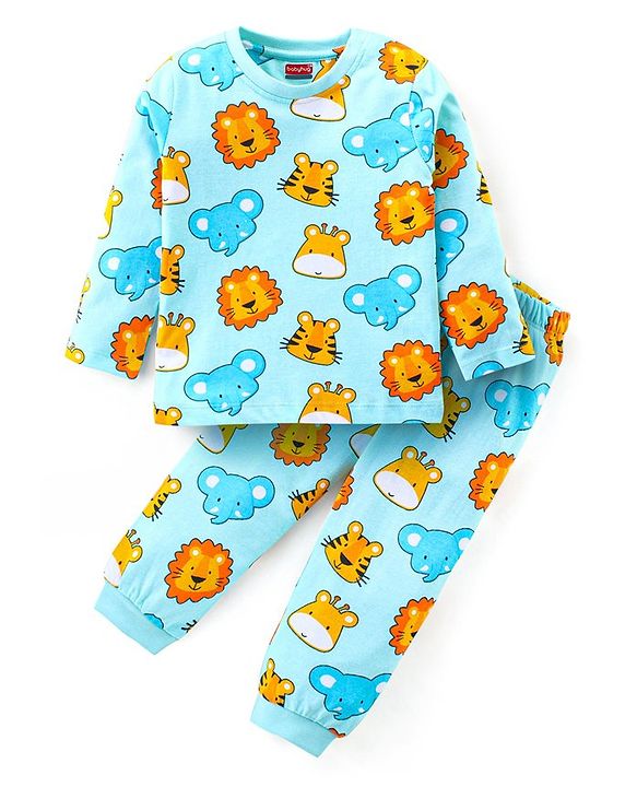 Babyhug Cotton Knit Full Sleeves Night Suit With Animals Print - Light Blue