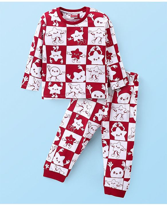 Babyhug Cotton Knit  Full Sleeves Night Suit With Star Print - Maroon