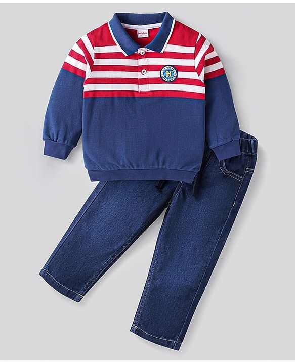 Babyhug Terry Knit Full Sleeves Striped Polo T-Shirt & Solid Denim Jeans Set With Text Patch - Navy Blue