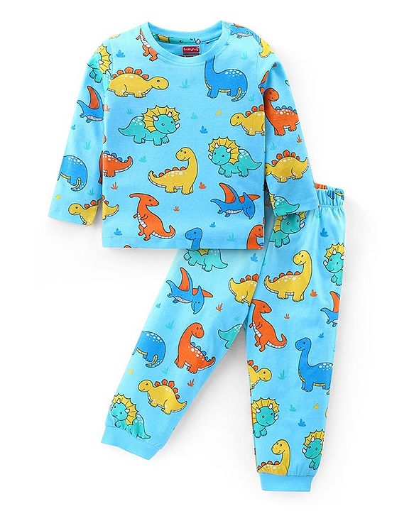 Babyhug Cotton Knit Full Sleeves Night Suit Dino Print- Sky Blue