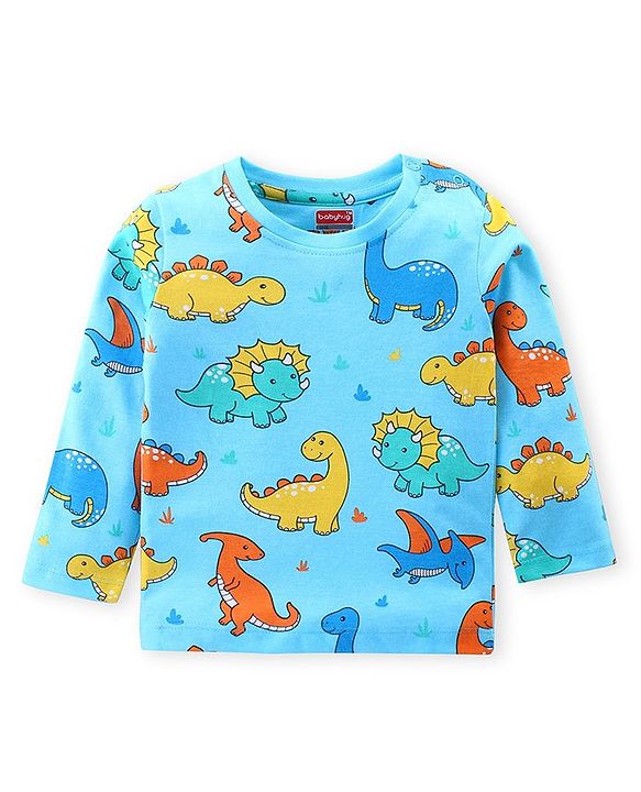 Babyhug Cotton Knit Full Sleeves Night Suit Dino Print- Sky Blue