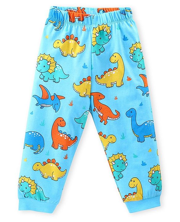 Babyhug Cotton Knit Full Sleeves Night Suit Dino Print- Sky Blue