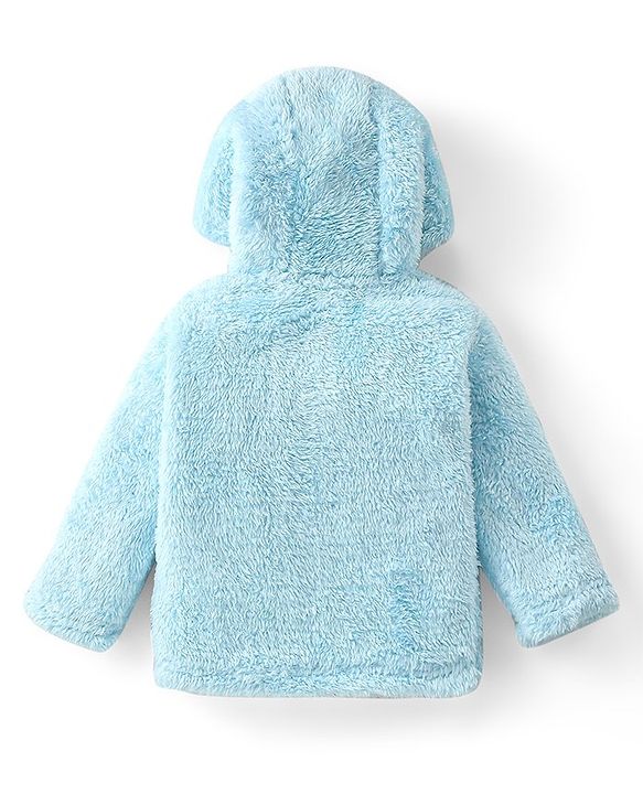 Babyhug Woven Full Sleeves Hooded Winter Jacket with Teddy Embroidery - Sky Blue