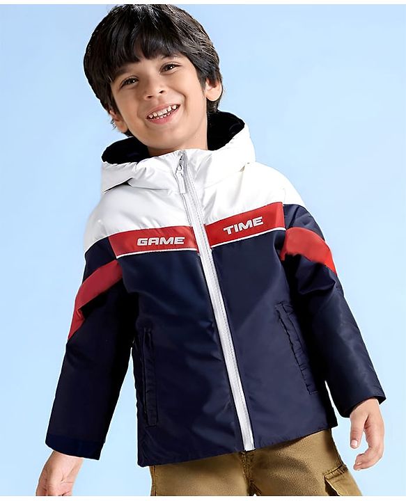 Babyhug Woven Full Sleeves Text Printed Hooded Padded Jacket With Colour Block Design - White & Navy