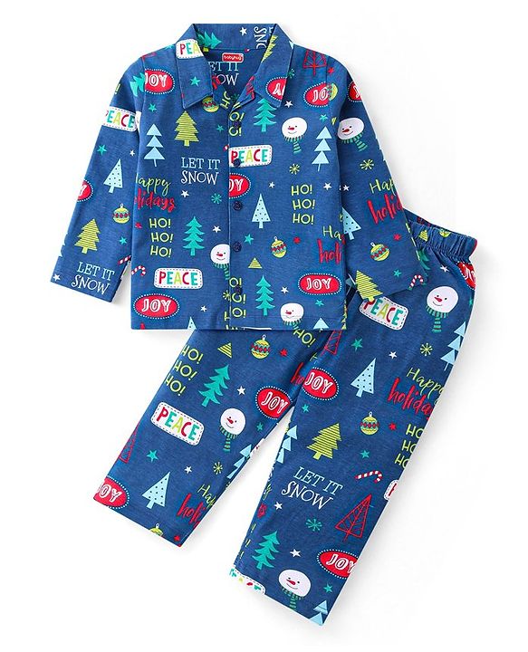 Babyhug Cotton Knit Full Sleeves Night Suit With Christmas Theme Print - Navy
