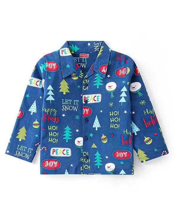 Babyhug Cotton Knit Full Sleeves Night Suit With Christmas Theme Print - Navy