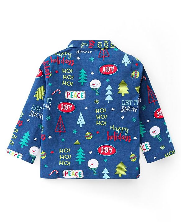Babyhug Cotton Knit Full Sleeves Night Suit With Christmas Theme Print - Navy
