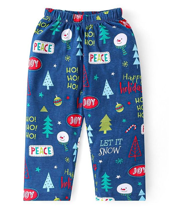 Babyhug Cotton Knit Full Sleeves Night Suit With Christmas Theme Print - Navy