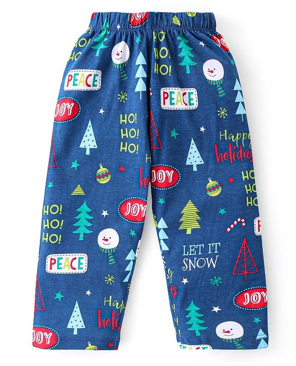 Babyhug Cotton Knit Full Sleeves Night Suit With Christmas Theme Print - Navy