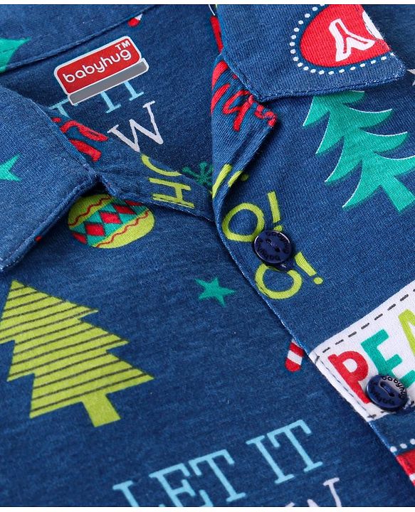 Babyhug Cotton Knit Full Sleeves Night Suit With Christmas Theme Print - Navy