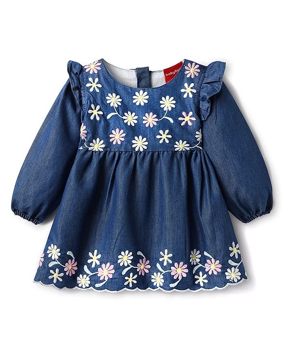 Babyhug Cotton Knit Full Sleeves Frock With Floral Embroidery & Frill Detailing - Blue