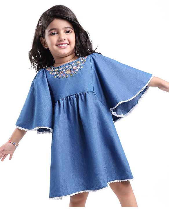 Babyhug Cotton Knit Flutter Half Sleeves Frock with Floral Embroidery - Blue