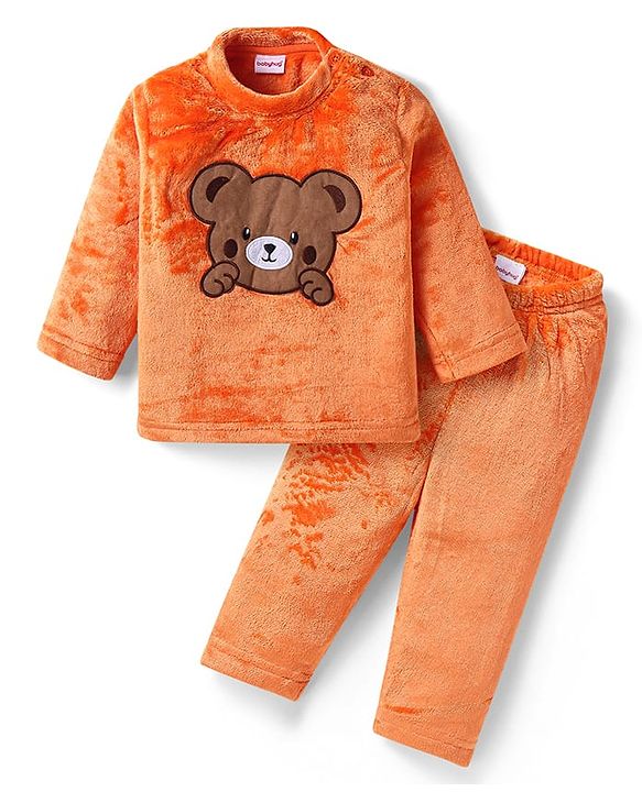 Babyhug Fur Woven Full Sleeves Winter Wear Suit With Bear Design - Orange