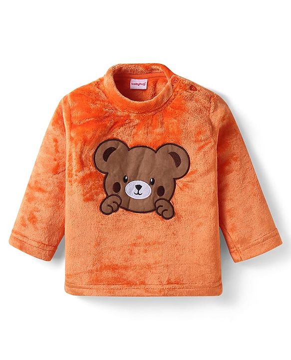 Babyhug Fur Woven Full Sleeves Winter Wear Suit With Bear Design - Orange