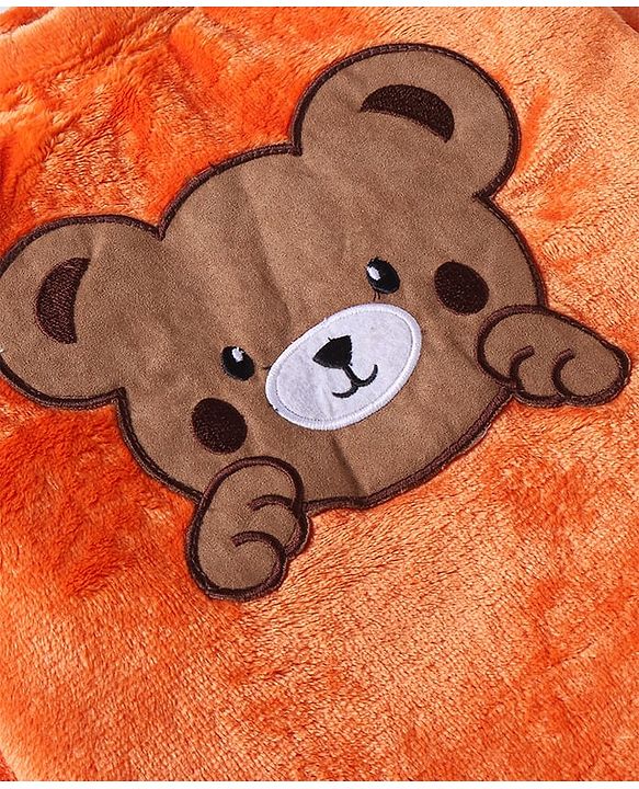 Babyhug Fur Woven Full Sleeves Winter Wear Suit With Bear Design - Orange