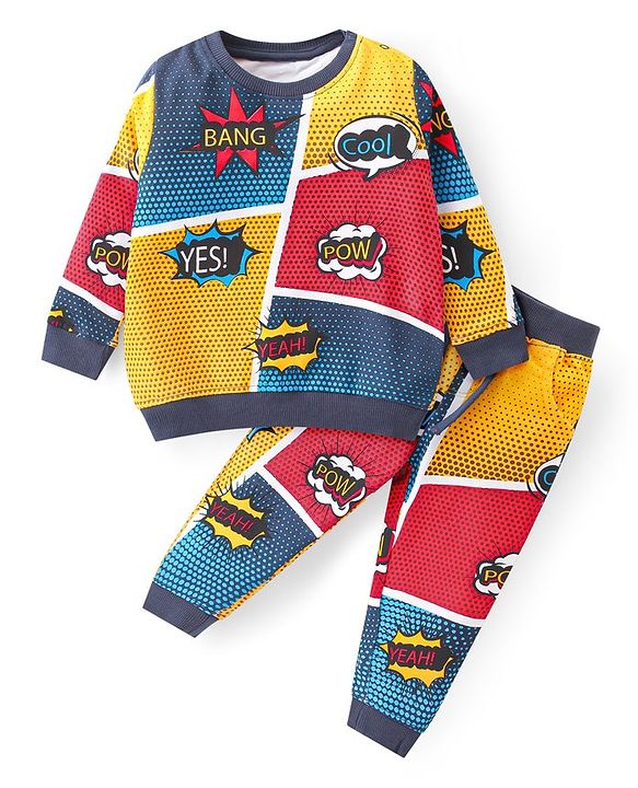 Babyhug Cotton Knit Full Sleeves T-Shirt & Lounge Pants Co-Ord Set With Text Print - Navy