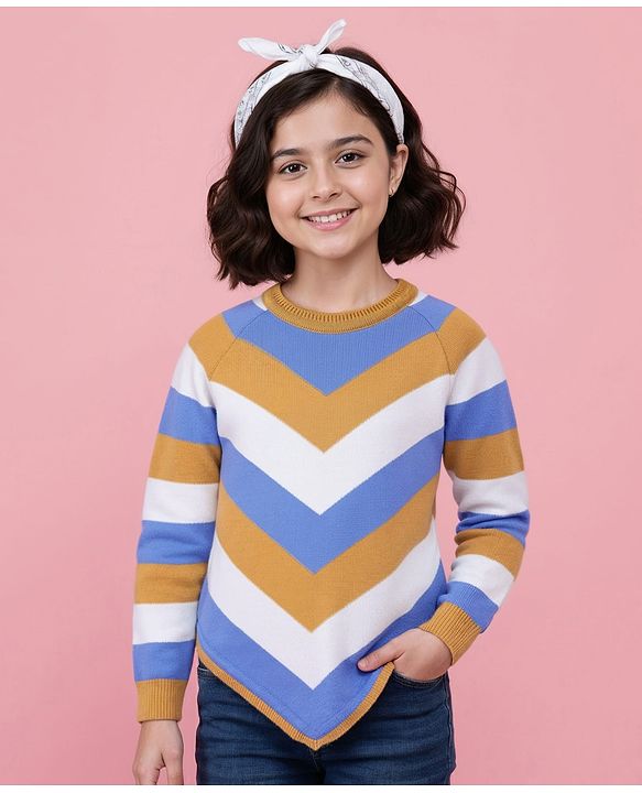 Pine Kids Knitted Raglan Full Sleeves Chervon Designed Pullover Sweater - White Blue & Golden
