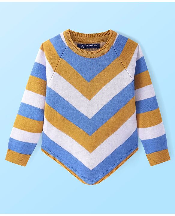 Pine Kids Knitted Raglan Full Sleeves Chervon Designed Pullover Sweater - White Blue & Golden