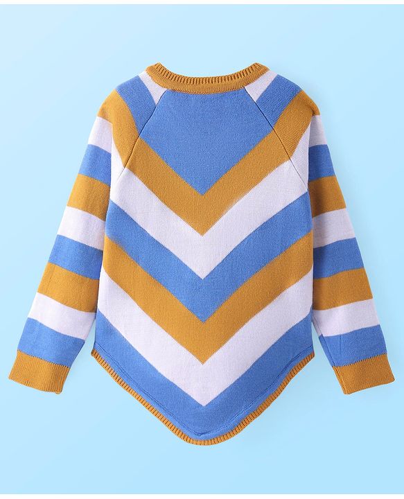 Pine Kids Knitted Raglan Full Sleeves Chervon Designed Pullover Sweater - White Blue & Golden