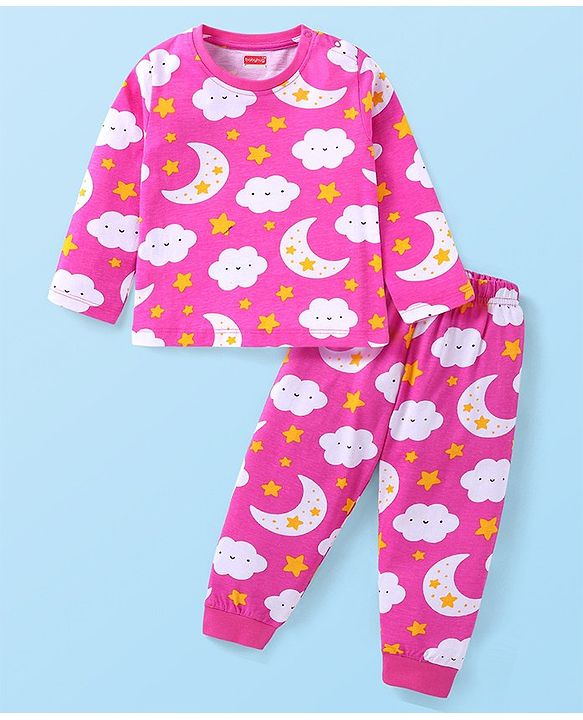 Babyhug Cotton Knit Full Sleeves Night Suit with Star & Cloud Print - Dark Pink