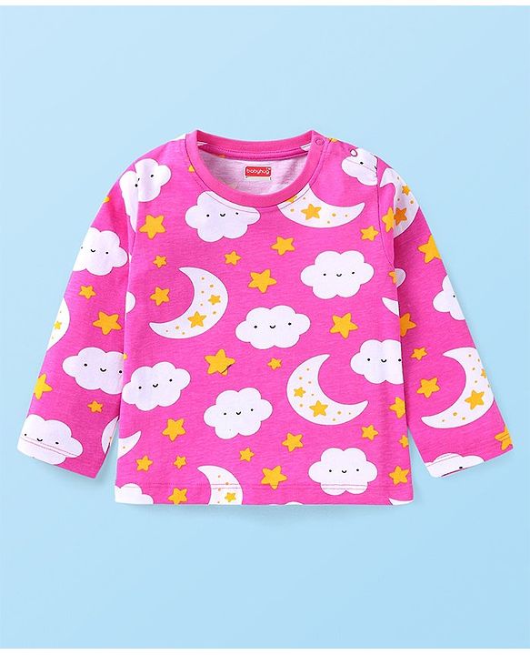 Babyhug Cotton Knit Full Sleeves Night Suit with Star & Cloud Print - Dark Pink