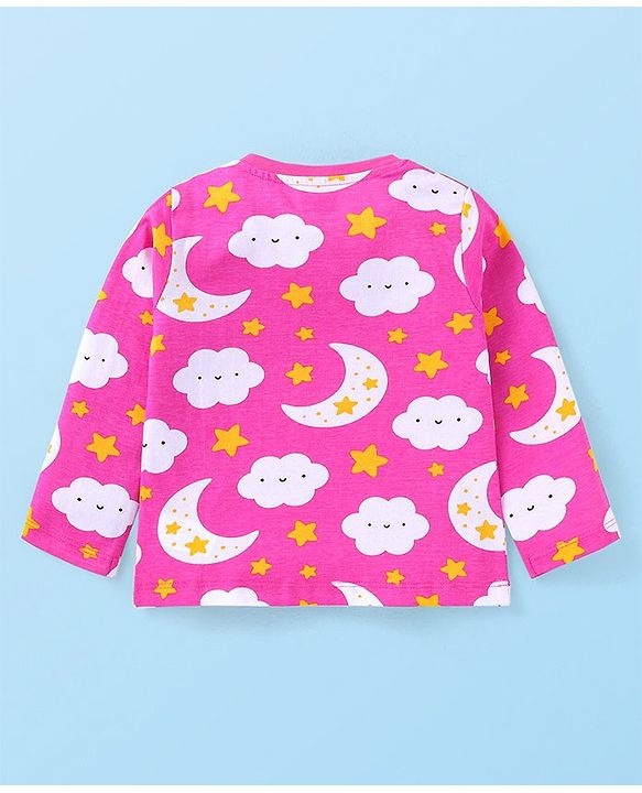 Babyhug Cotton Knit Full Sleeves Night Suit with Star & Cloud Print - Dark Pink