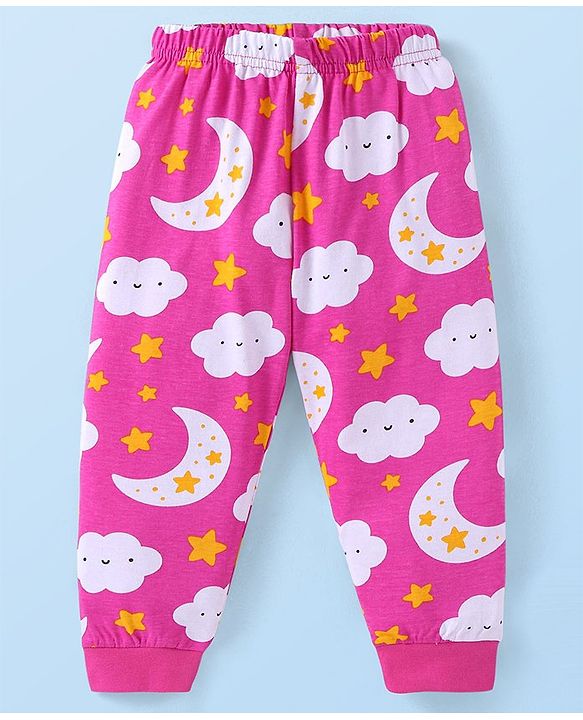 Babyhug Cotton Knit Full Sleeves Night Suit with Star & Cloud Print - Dark Pink