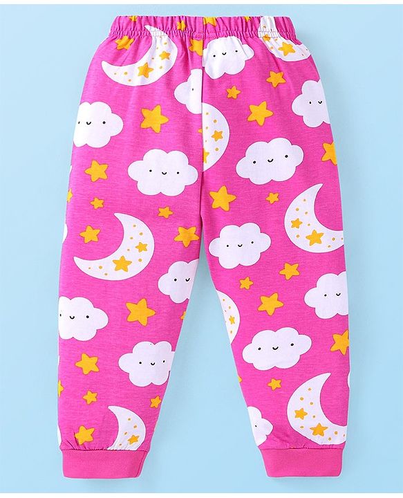 Babyhug Cotton Knit Full Sleeves Night Suit with Star & Cloud Print - Dark Pink