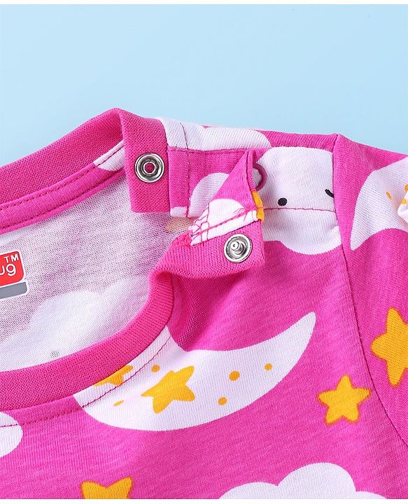 Babyhug Cotton Knit Full Sleeves Night Suit with Star & Cloud Print - Dark Pink