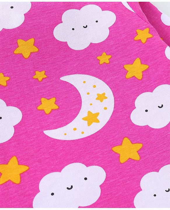 Babyhug Cotton Knit Full Sleeves Night Suit with Star & Cloud Print - Dark Pink