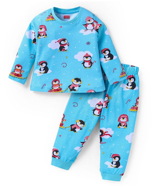Babyhug Cotton Knit Full Sleeves Penguin Printed Night Suit - Light Blue