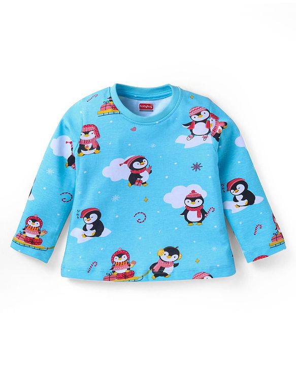 Babyhug Cotton Knit Full Sleeves Penguin Printed Night Suit - Light Blue