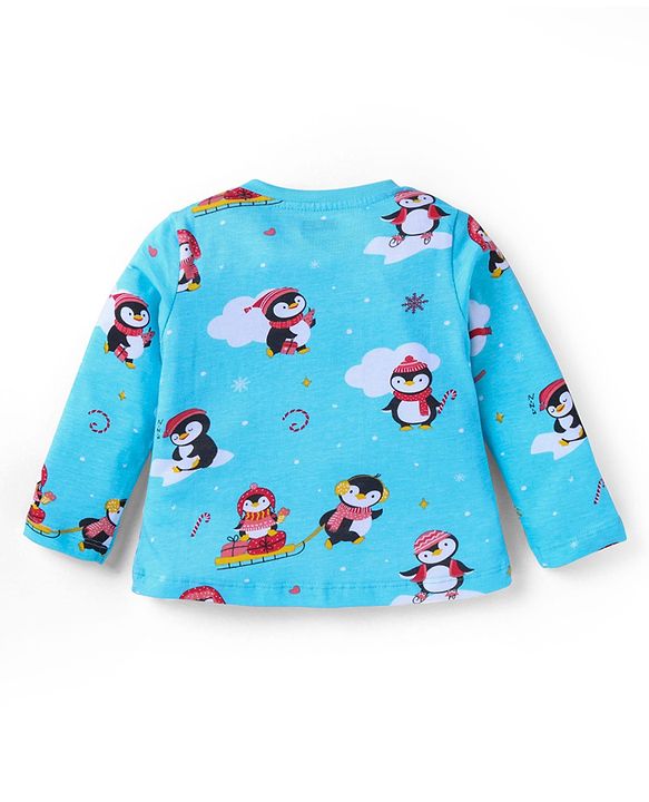 Babyhug Cotton Knit Full Sleeves Penguin Printed Night Suit - Light Blue