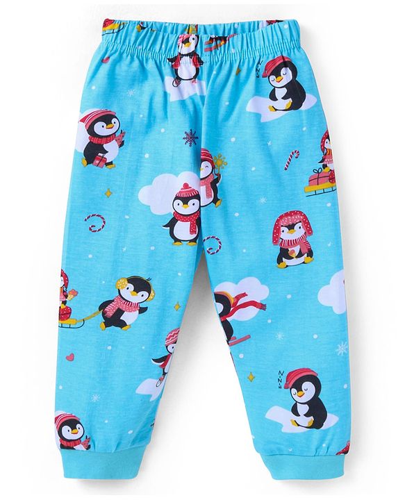 Babyhug Cotton Knit Full Sleeves Penguin Printed Night Suit - Light Blue