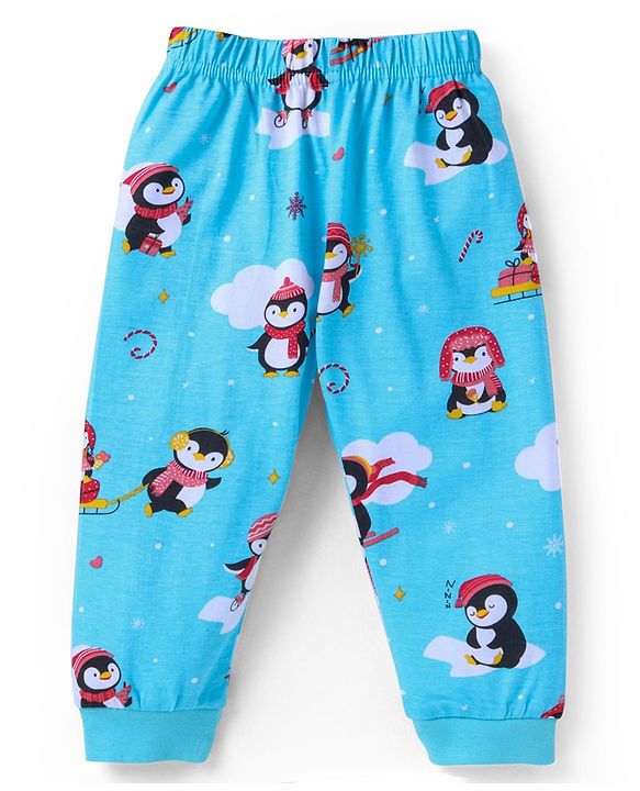 Babyhug Cotton Knit Full Sleeves Penguin Printed Night Suit - Light Blue