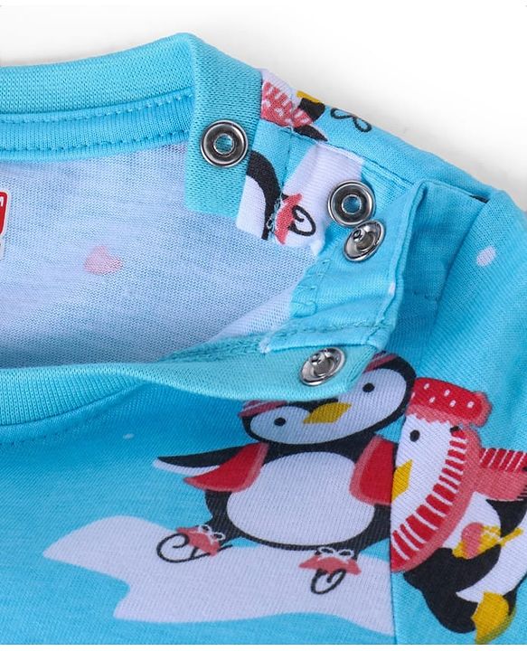 Babyhug Cotton Knit Full Sleeves Penguin Printed Night Suit - Light Blue