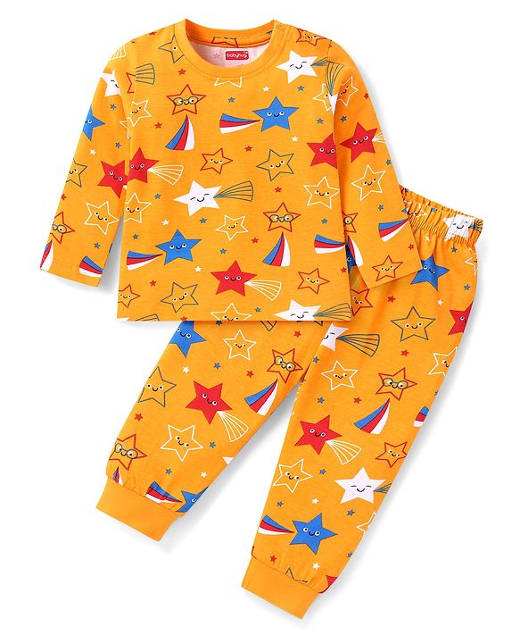 Babyhug Cotton Knit Full Sleeves Night Suit With Stars Print - Orange